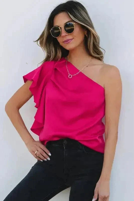 Blushing Elegance Asymmetric Satin Blouse-0