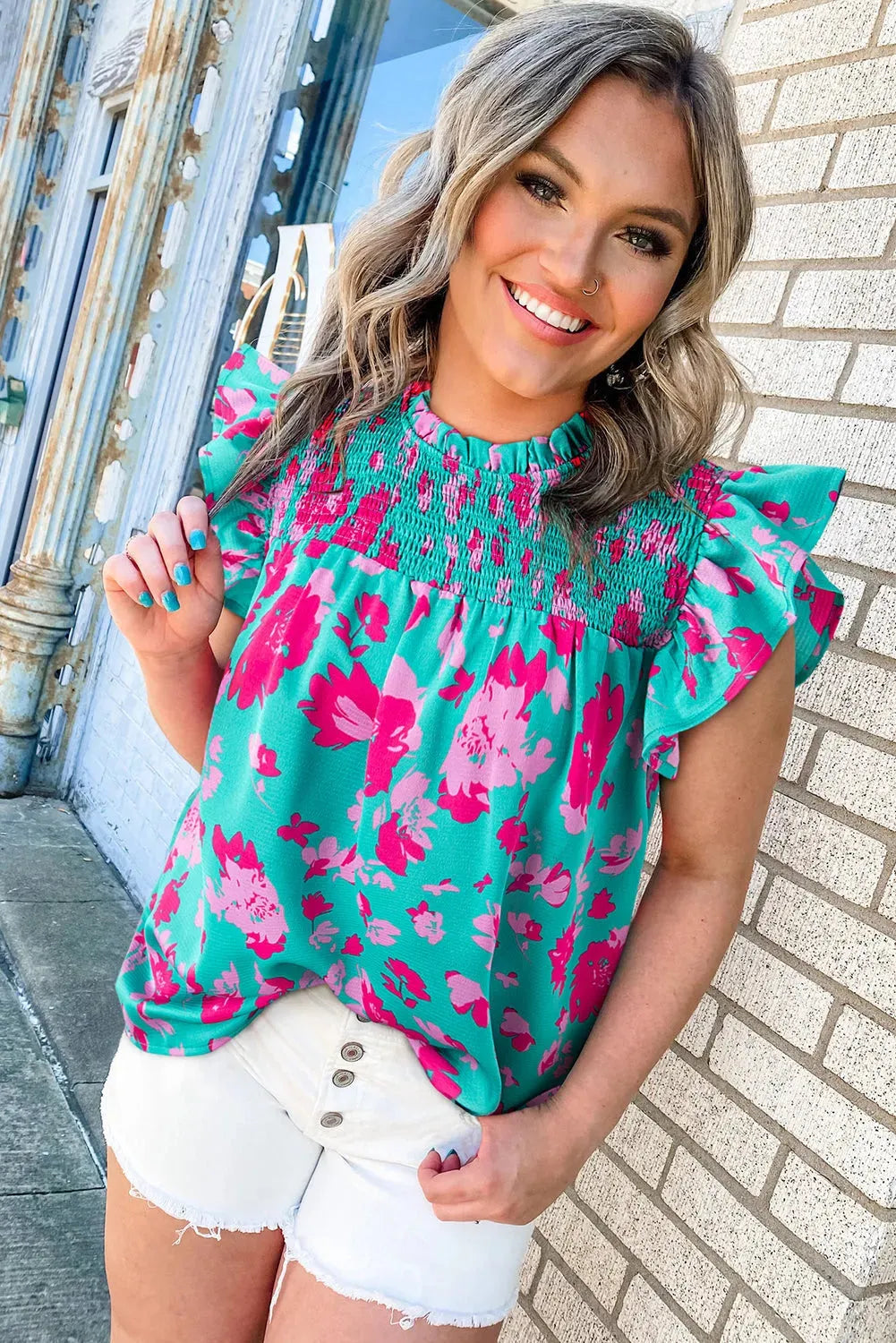 Green Floral Flutter Sleeve Ruched Blouse-1