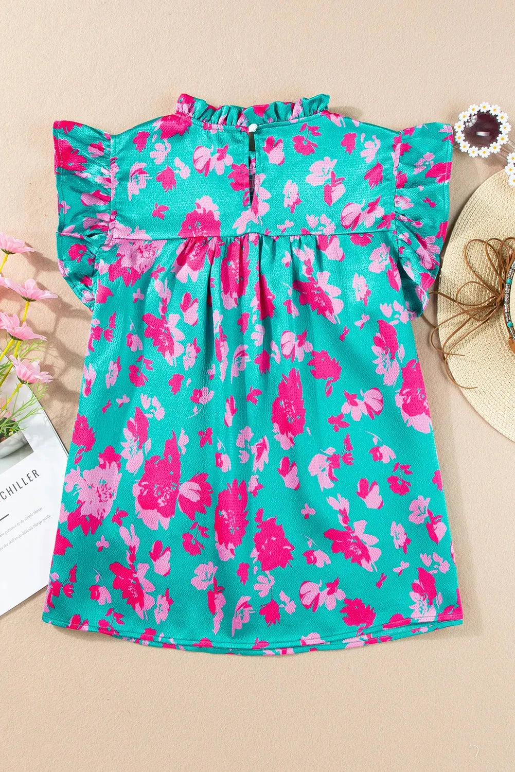 Green Floral Flutter Sleeve Ruched Blouse-3